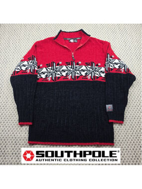 Vintage Southpole 1/4 Zip Sweater XL Red Black Nordic Knit Pullover Y2K